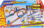 Hot Wheels toy car track set with triple loops and a 1:64 scale Hot Wheels vehicle on a white background.