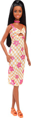 Barbie Fashionistas Doll Wearing Checkered Orange and Pink Flower Midi Dress