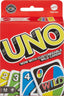 Mattel UNO classic card game featuring colorful playing cards with numbers and action symbols on a white background