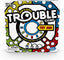 Hasbro Trouble board game with colorful game pieces and pop-o-matic dice roller on a white background