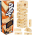 Hasbro Jenga game with wooden blocks stacked in a tower, ready for game play, on a plain background.