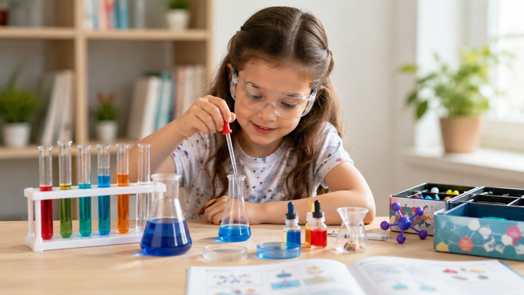 Girl exploring science toys with STEM experiment kit