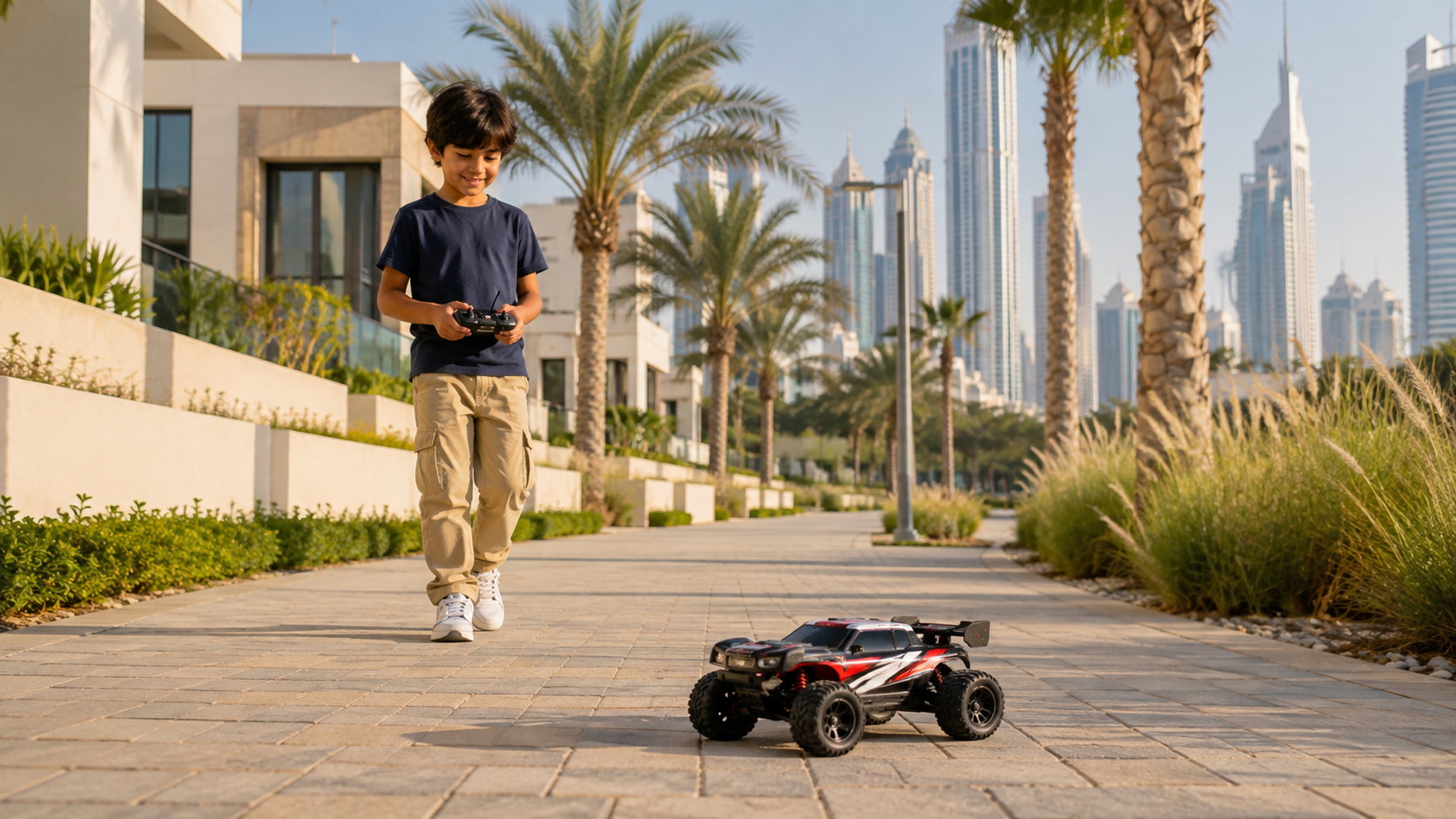 Child playing with a remote control car