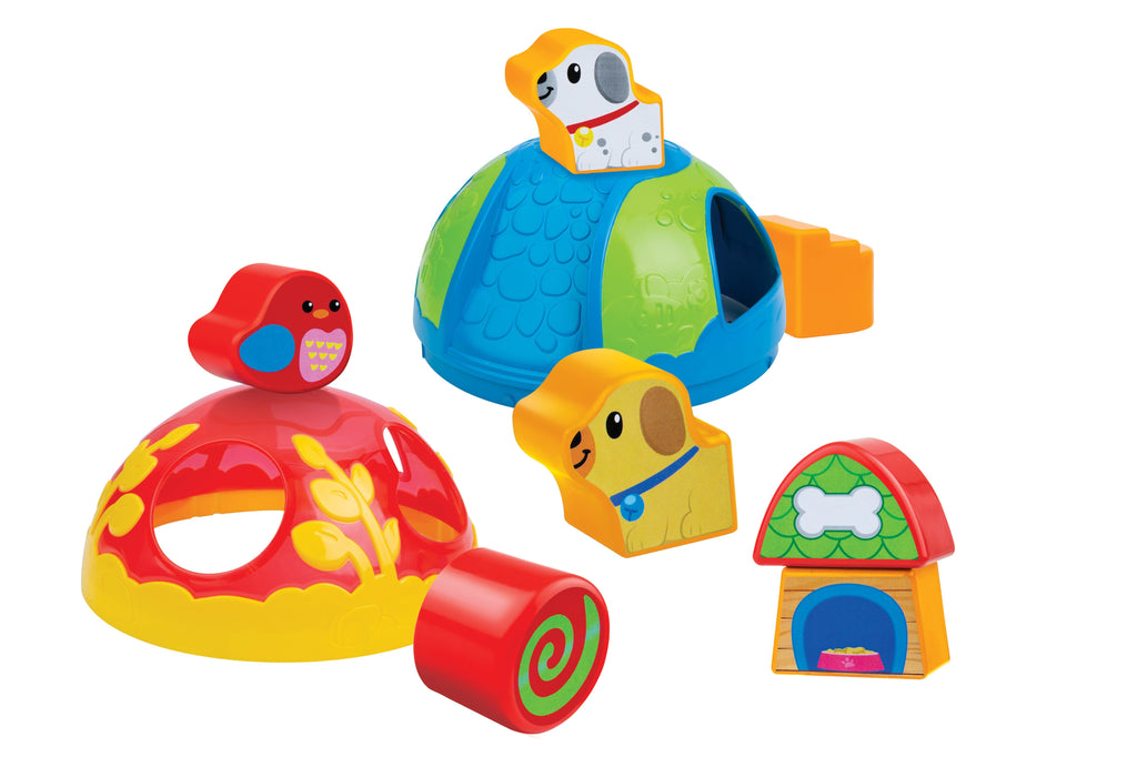 Colorful Lil' Playground Sorter Ball by Winfun with multiple slots for sorting and stacking, soft, lightweight toy for toddlers.