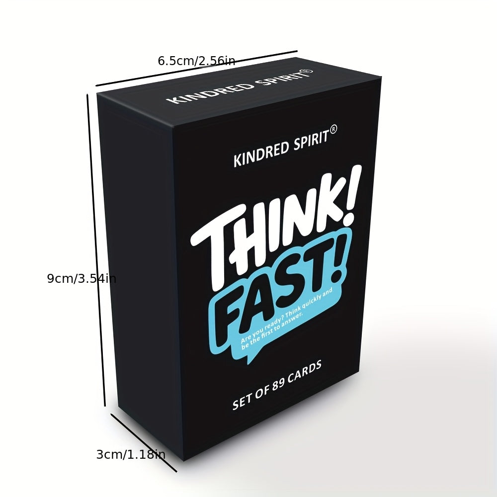 Kinder Spirit Think Fast fast-paced Q&A game box showing colorful game cards and packaging.