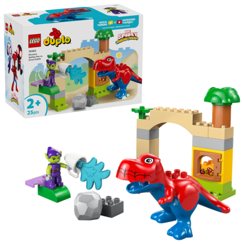Lego DUPLO Dinosaur Spidey-Rex and Green Goblin toy figures, colorful brick-building set for children, featuring cartoon-style characters.