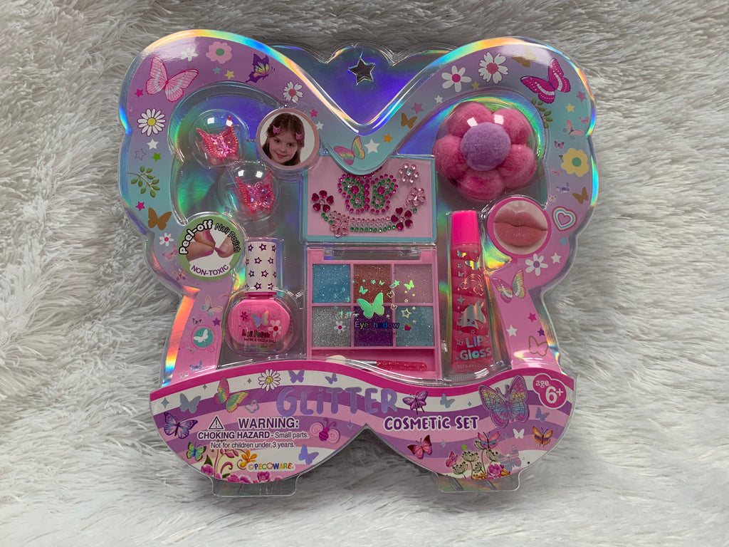 PECOWARE Glitter Cosmetic Set with colorful makeup products and brushes arranged on a white background.