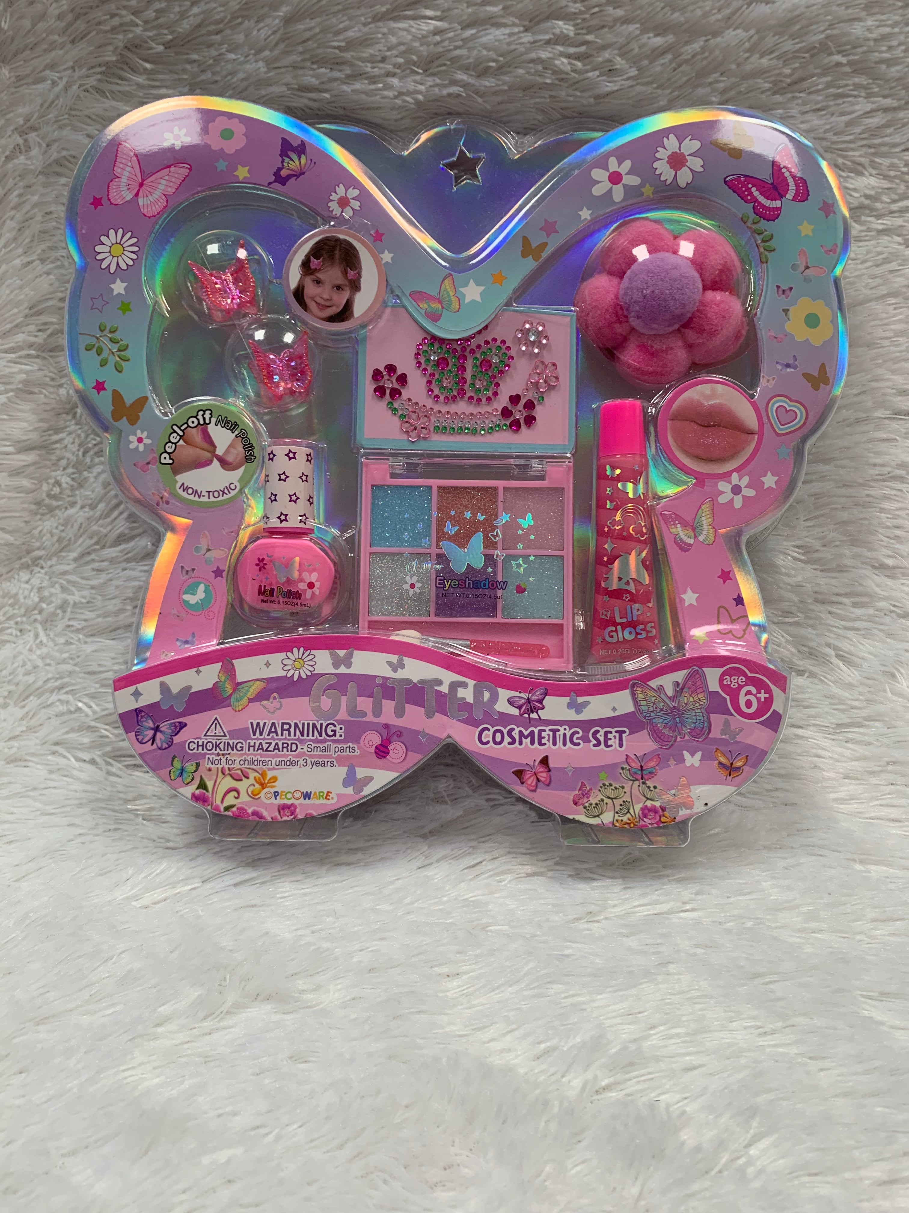PECOWARE Glitter Cosmetic Set with shimmering makeup products arranged in a colorful display.