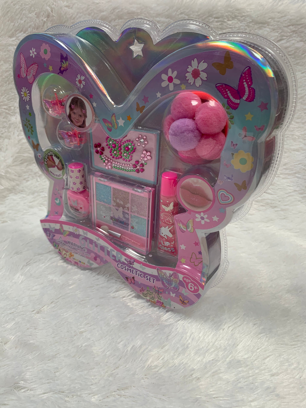 PECOWARE Glitter Cosmetic Set with shimmering makeup products arranged on a white background.