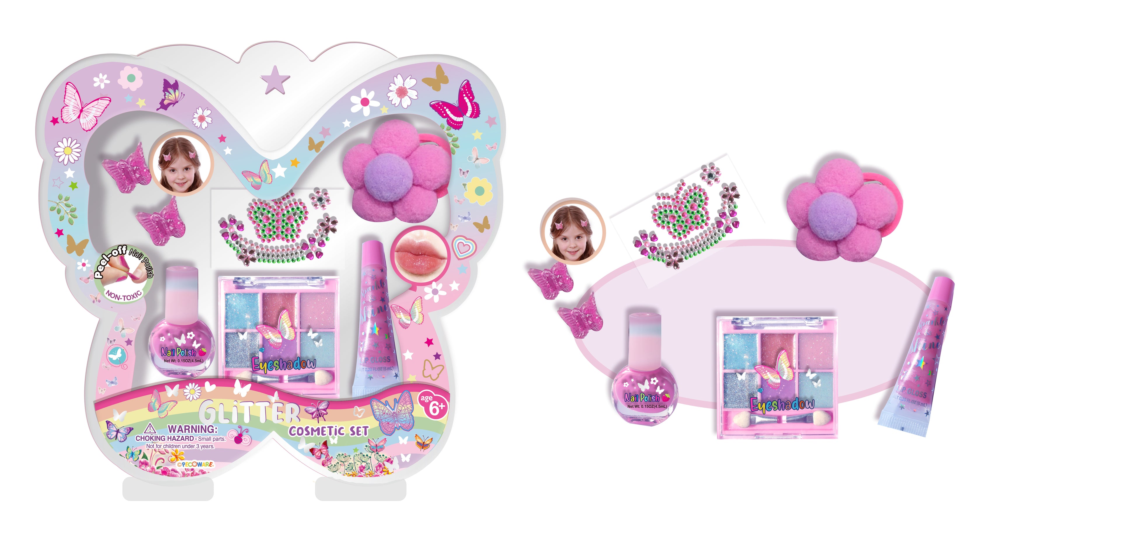 PECOWARE Glitter Cosmetic Set with colorful makeup products and brushes displayed on a white background.