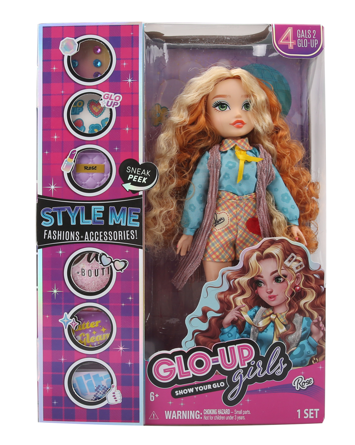 Playzokids GLO UP GIRLS Doll with Style Me fashion accessories in rose color, featuring doll and stylish accessories. Main image