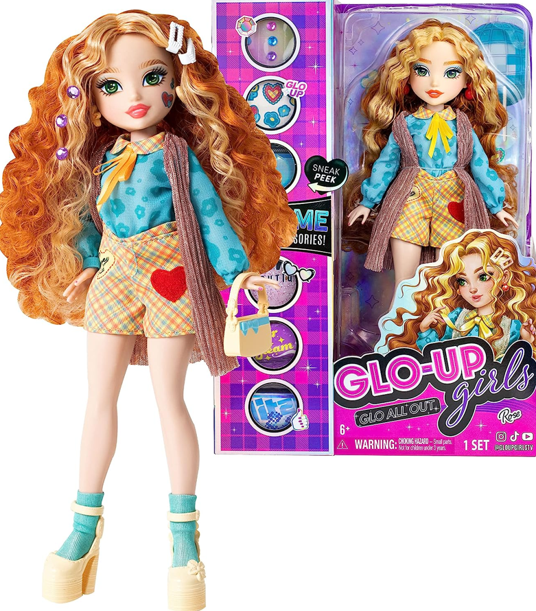 Playzokids GLO UP GIRLS doll with Style Me fashion accessories in rose color, featuring fashionable outfits and accessories.