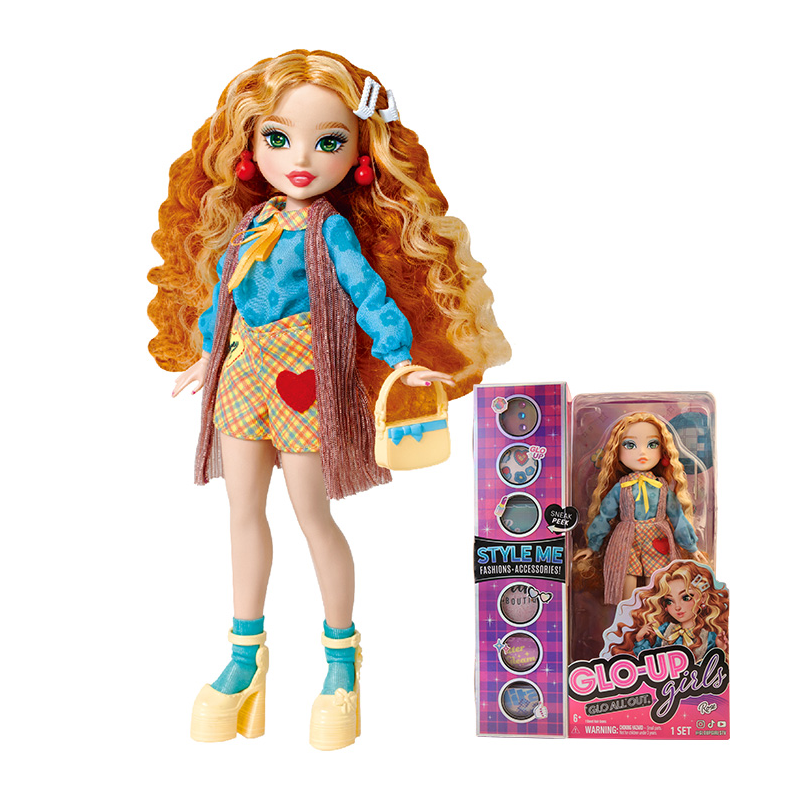 Playzokids GLO UP GIRLS doll with Style Me fashion accessories in rose, featuring colorful outfits and accessories for creative play.