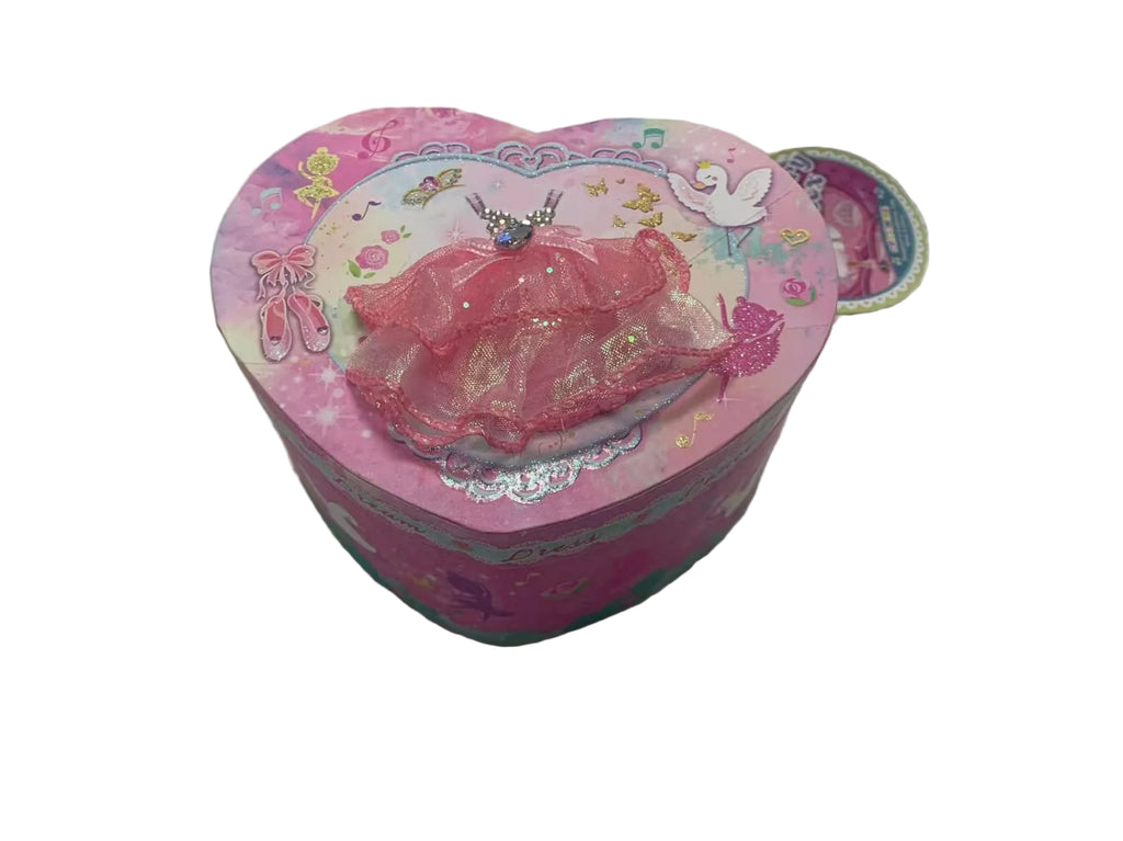 Heart-shaped PECOWARE musical jewelry box with floral design and open lid showing interior storage space.