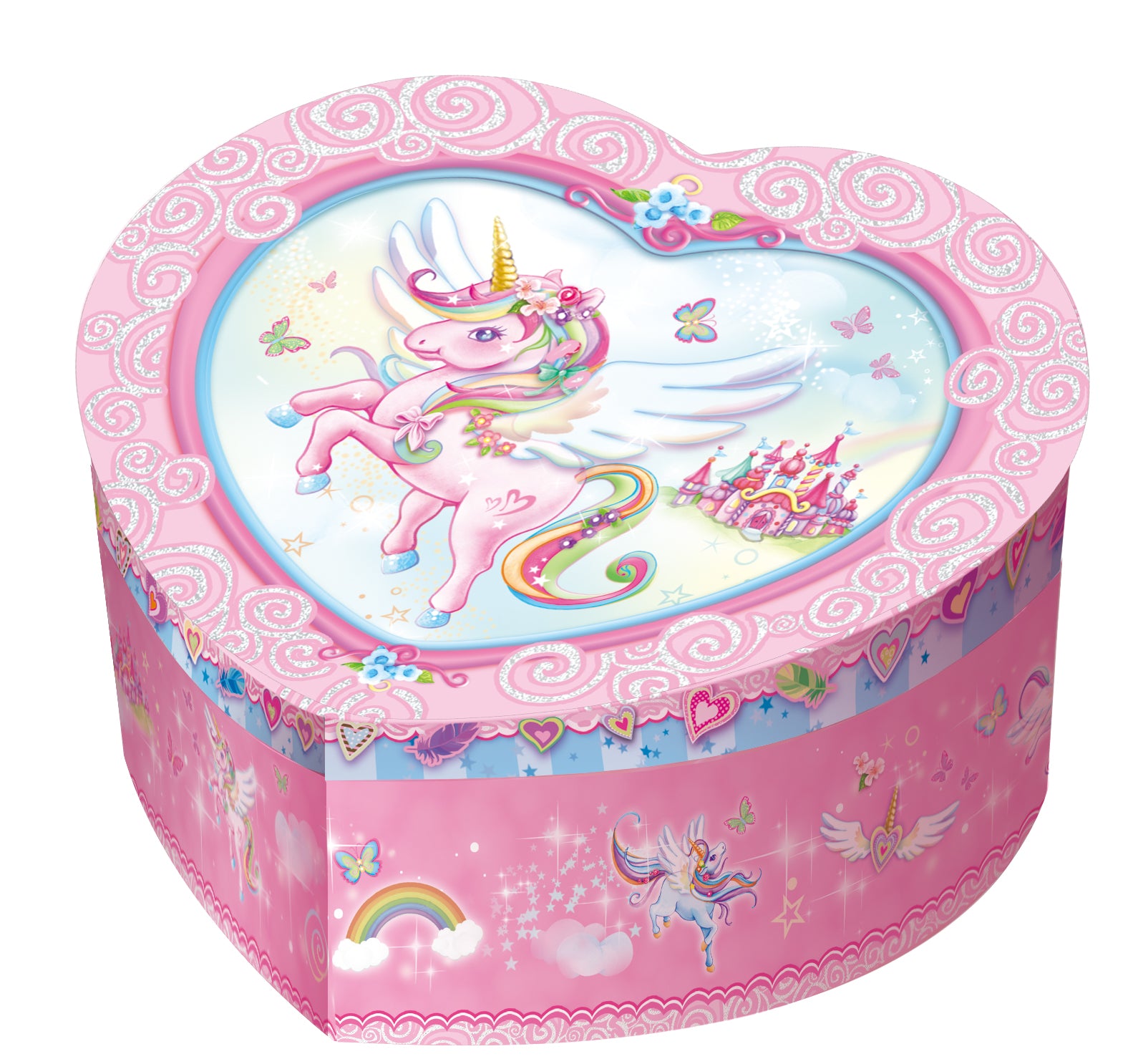 Close-up of PECOWARE heart-shaped music jewelry box with intricate design and a hinged lid, showcasing its elegant craftsmanship.