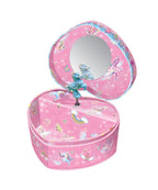 Open Pecoware heart-shaped music jewelry box with intricate design and a jewelry compartment inside.