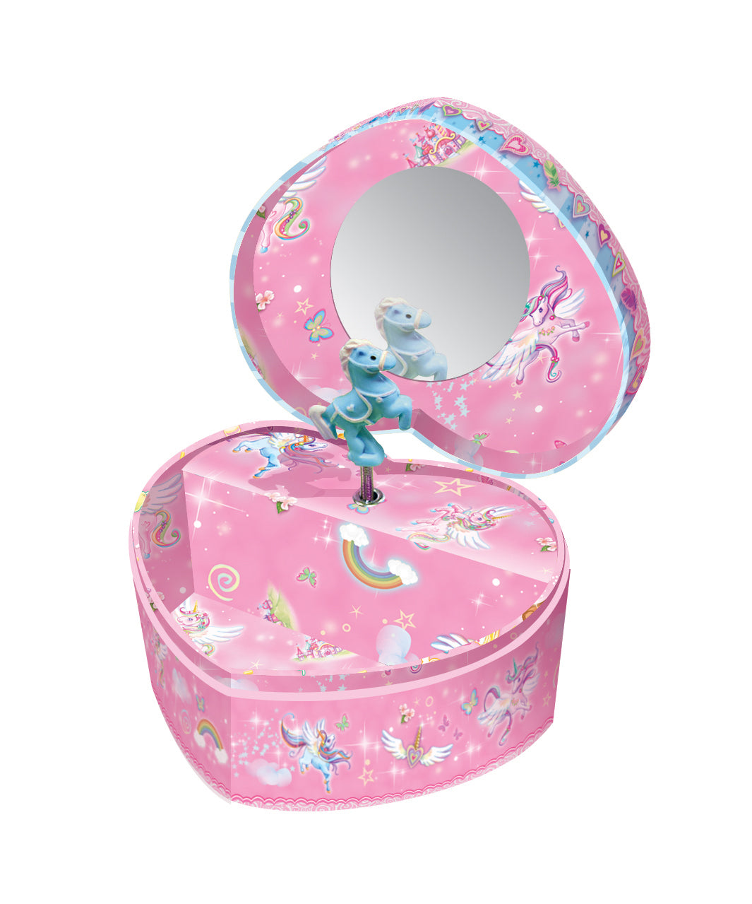 Open Pecoware heart-shaped music jewelry box with intricate design and a jewelry compartment inside.