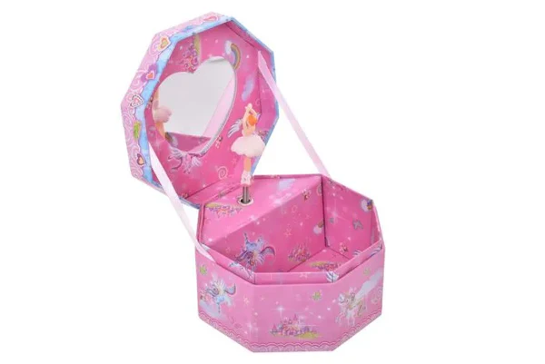PECOWARE octagonal music jewelry box with intricate design, featuring a hinged lid and velvet interior for storing jewelry.