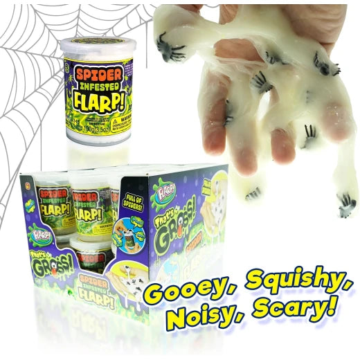 JARU Flarp with Spiders putty toy showing colorful, stretchy slime with plastic spider figures on a plain background.