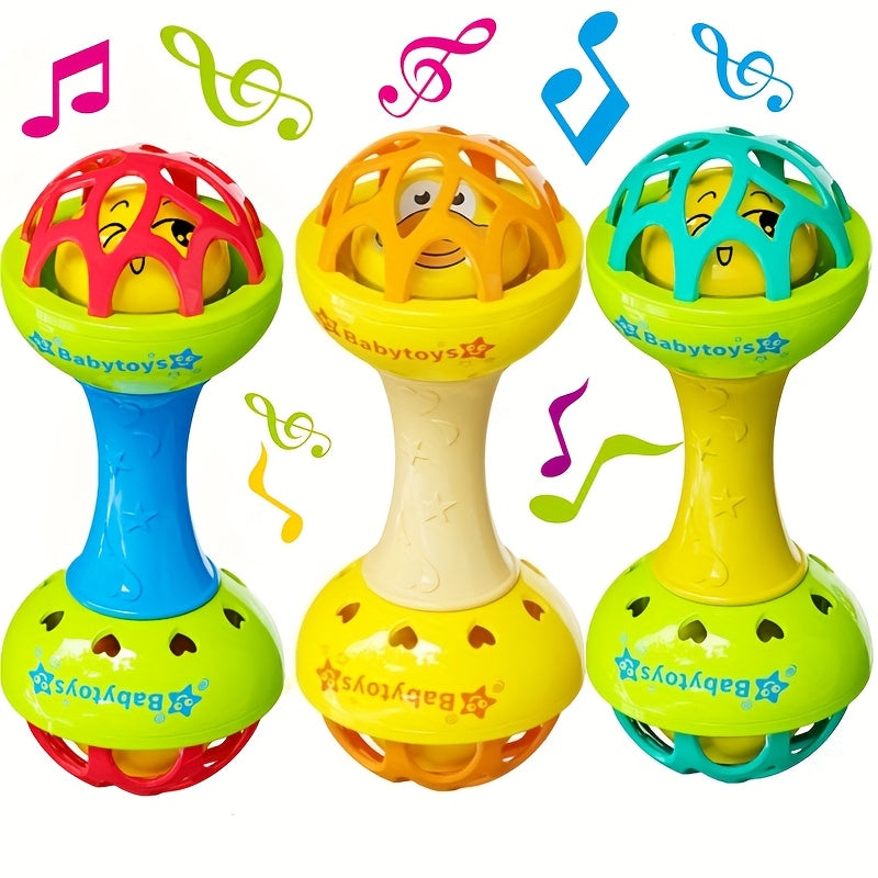 Baby-Grade Dutora vibrating hand bell toy with colorful handle and metal bell, designed for infants' sensory development. Main image