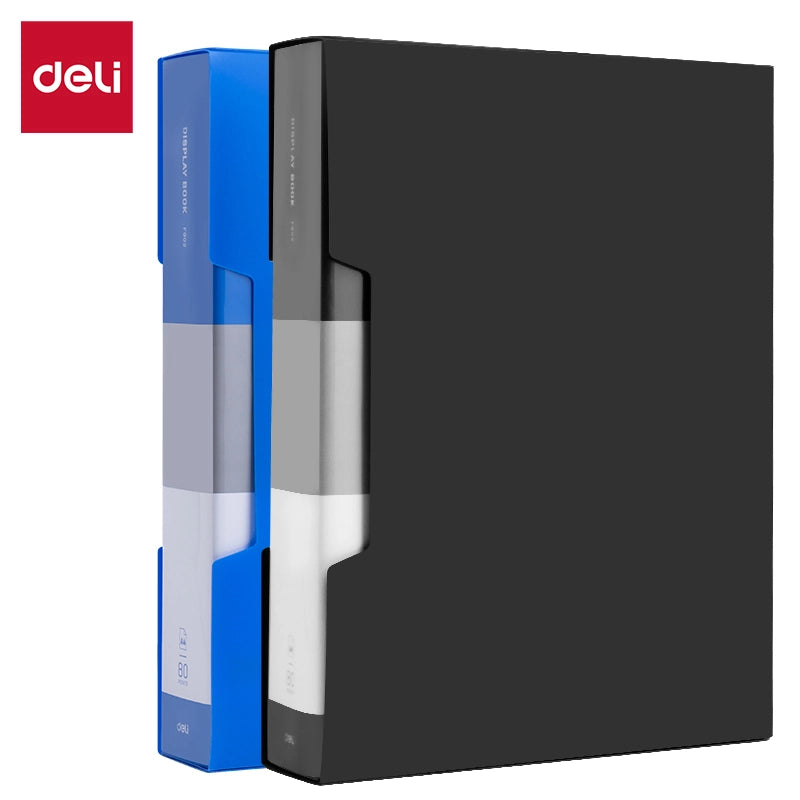 Playzokids Deli A4 display book with 80 pockets and case, featuring clear plastic pages for organizing documents and artwork. Main image