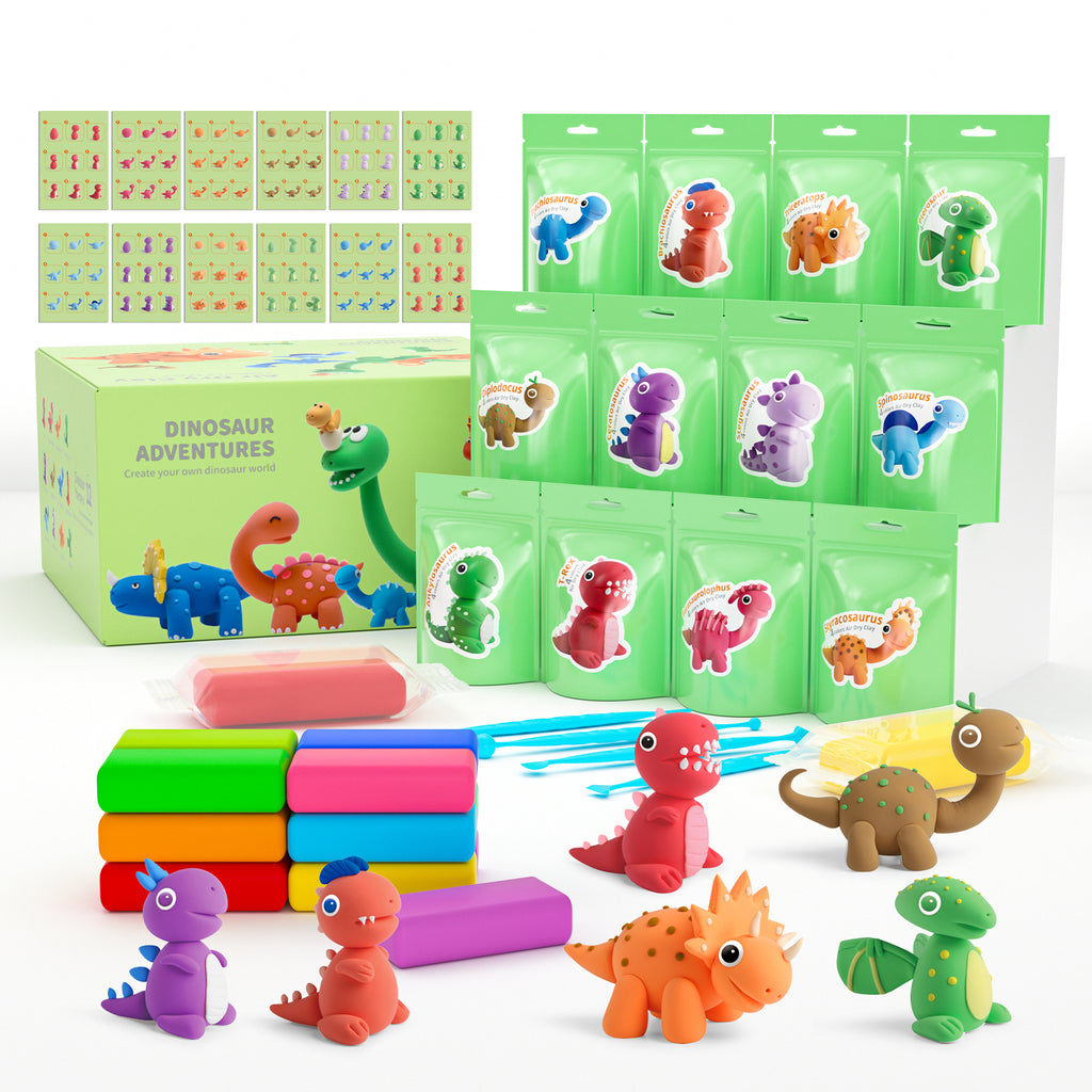 Playzokids air dry clay set for kids featuring dinosaur-themed molds, tools, and 12 colorful clay pieces for creative play.