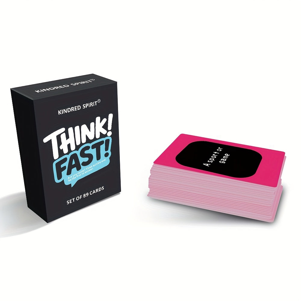 Kinder Spirit Think Fast fast-paced Q&A game box with colorful packaging and game components displayed.