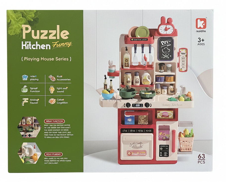 Puzzle kitchen set with 63 pieces, including toy utensils, pots, and food items, ideal for imaginative play. Main image
