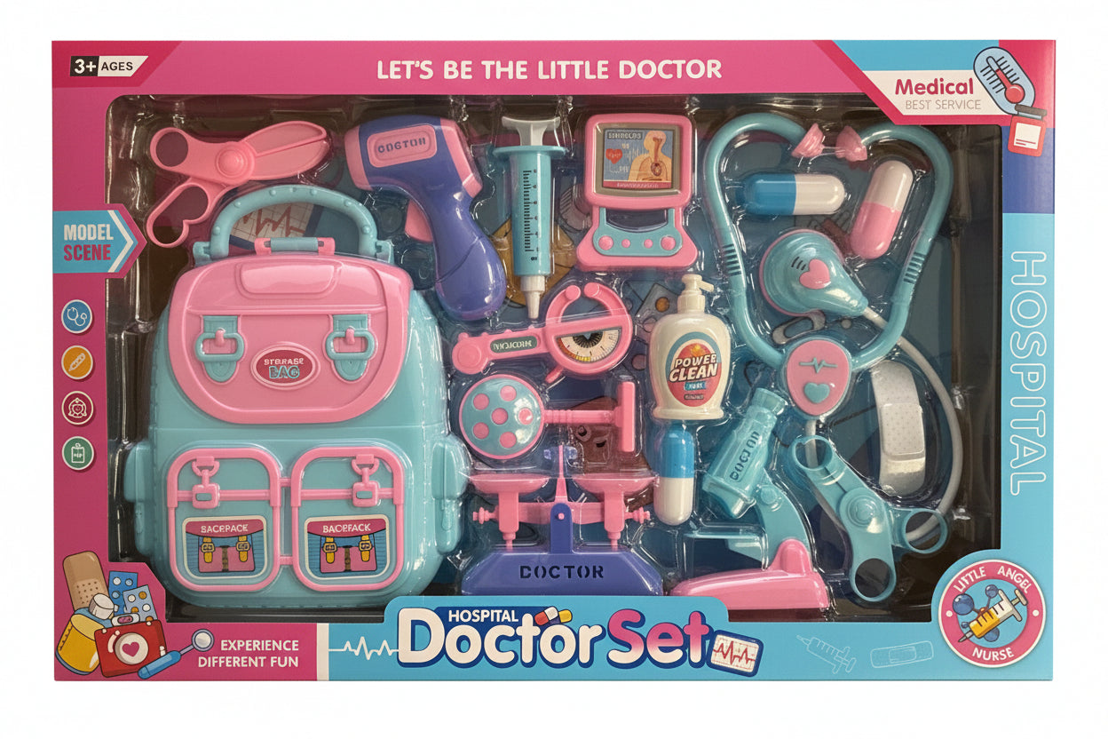 Children's hospital doctor play set with stethoscope, syringe, and medical tools, designed for imaginative role-play. Main image