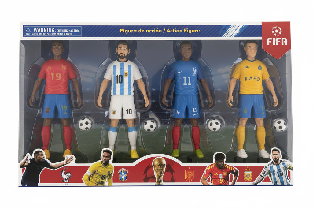 FIFA football action figure in dynamic pose, detailed sports uniform, on a plain background, representing a soccer player.