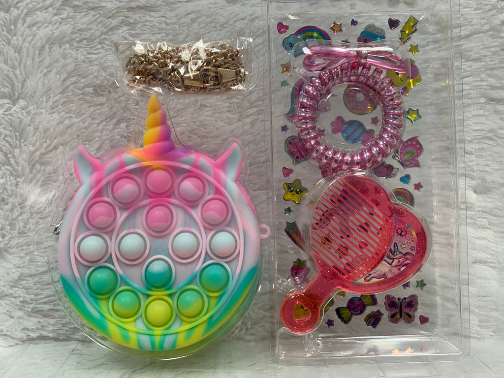 Colorful Pecoware Popit decorative bag and headwear suit featuring playful pop it design and vibrant accessories.