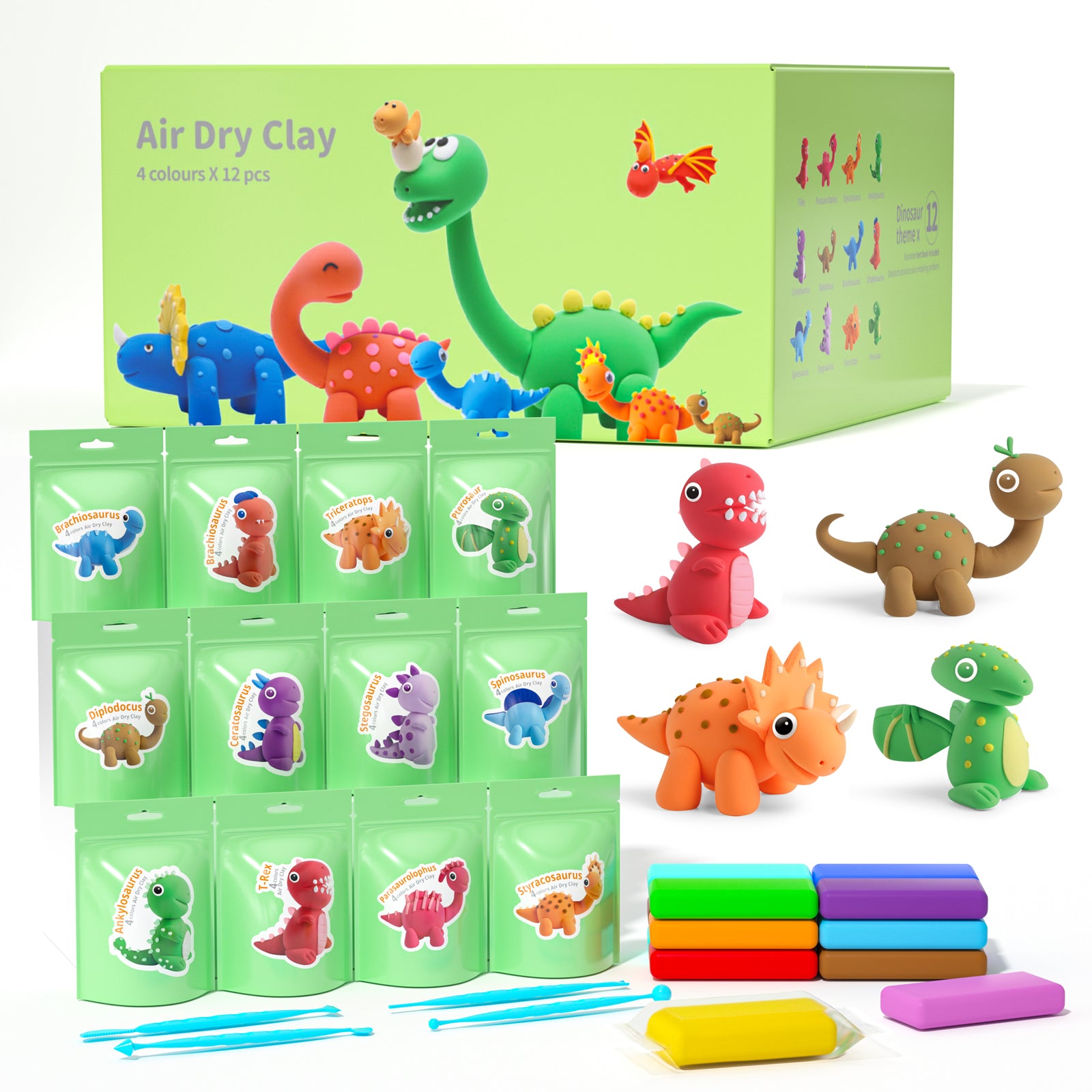 Colorful dinosaur-themed air dry clay set for kids with 12 pieces and a tool kit, ideal for creative play and crafts. Main image