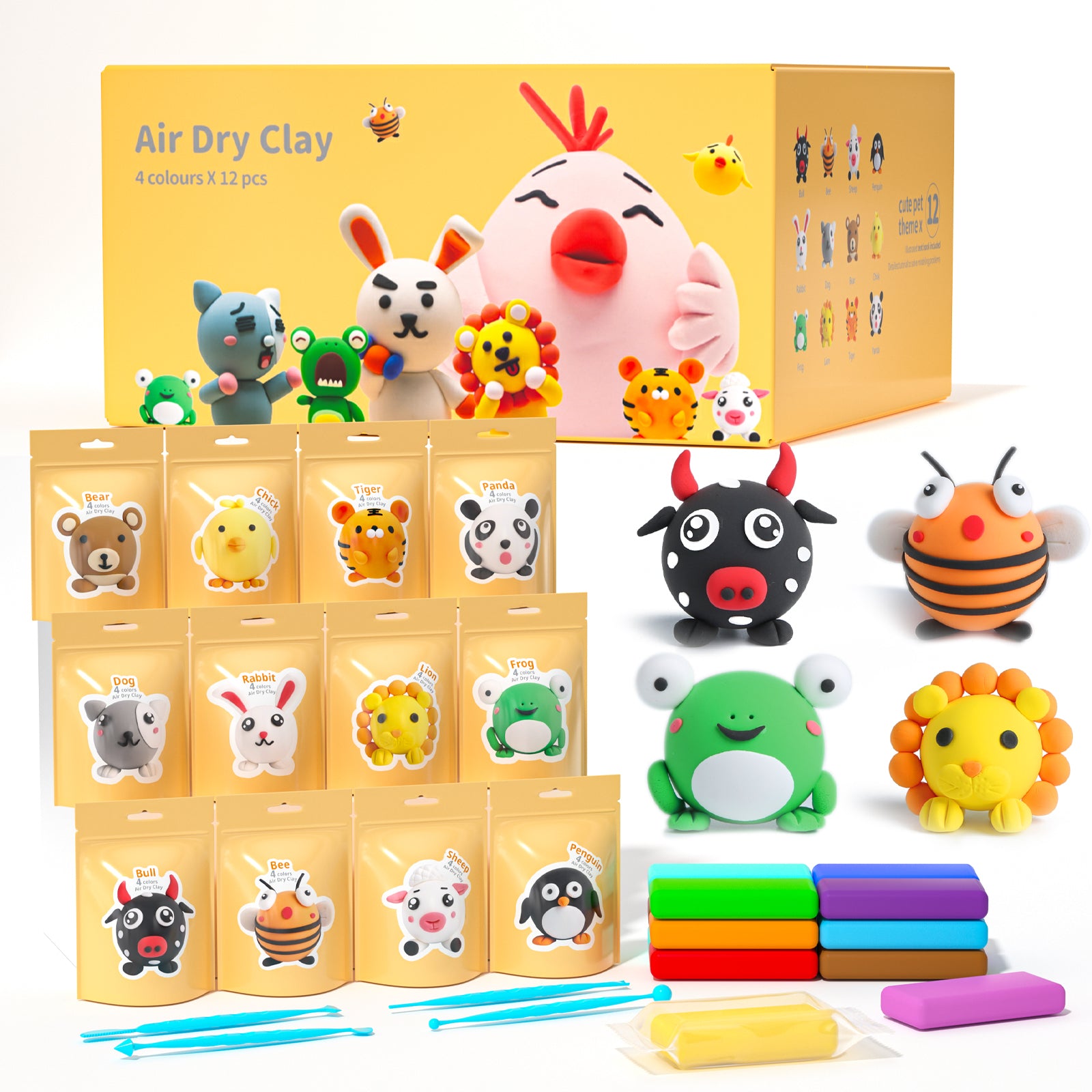 Playzokids air dry clay for kids with pet designs, 12-piece pack including tools for creative modeling and crafting.