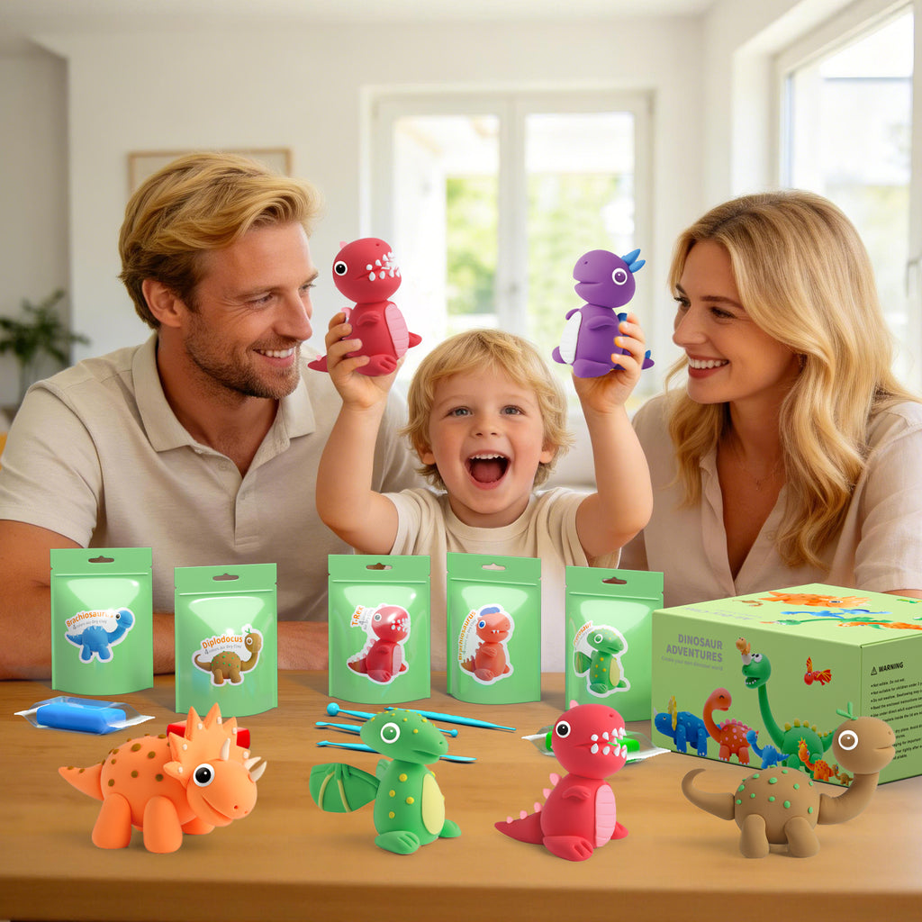 Playzokids air dry clay set for kids featuring dinosaur shapes with tools in a 12-piece pack for creative play and crafting.