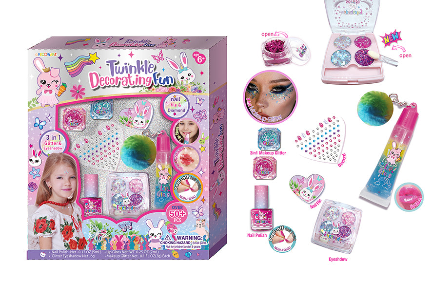 Pecoware Twinkle Decorating Fun Makeup Set with colorful brushes, sparkly powders, and playful accessories for kids' creative makeup fun.