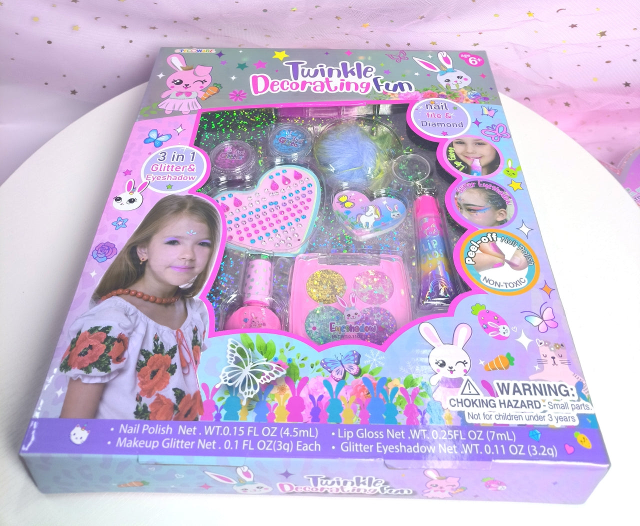 Pecoware Twinkle Decorating Fun Makeup Set with colorful makeup and accessories for kids, perfect for creative play and dress-up.