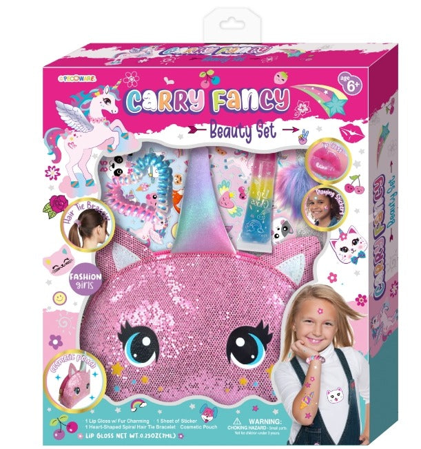 PECOWARE Carry Fancy Beauty Set toy for kids, featuring colorful pretend makeup and accessories in a compact carrying case.