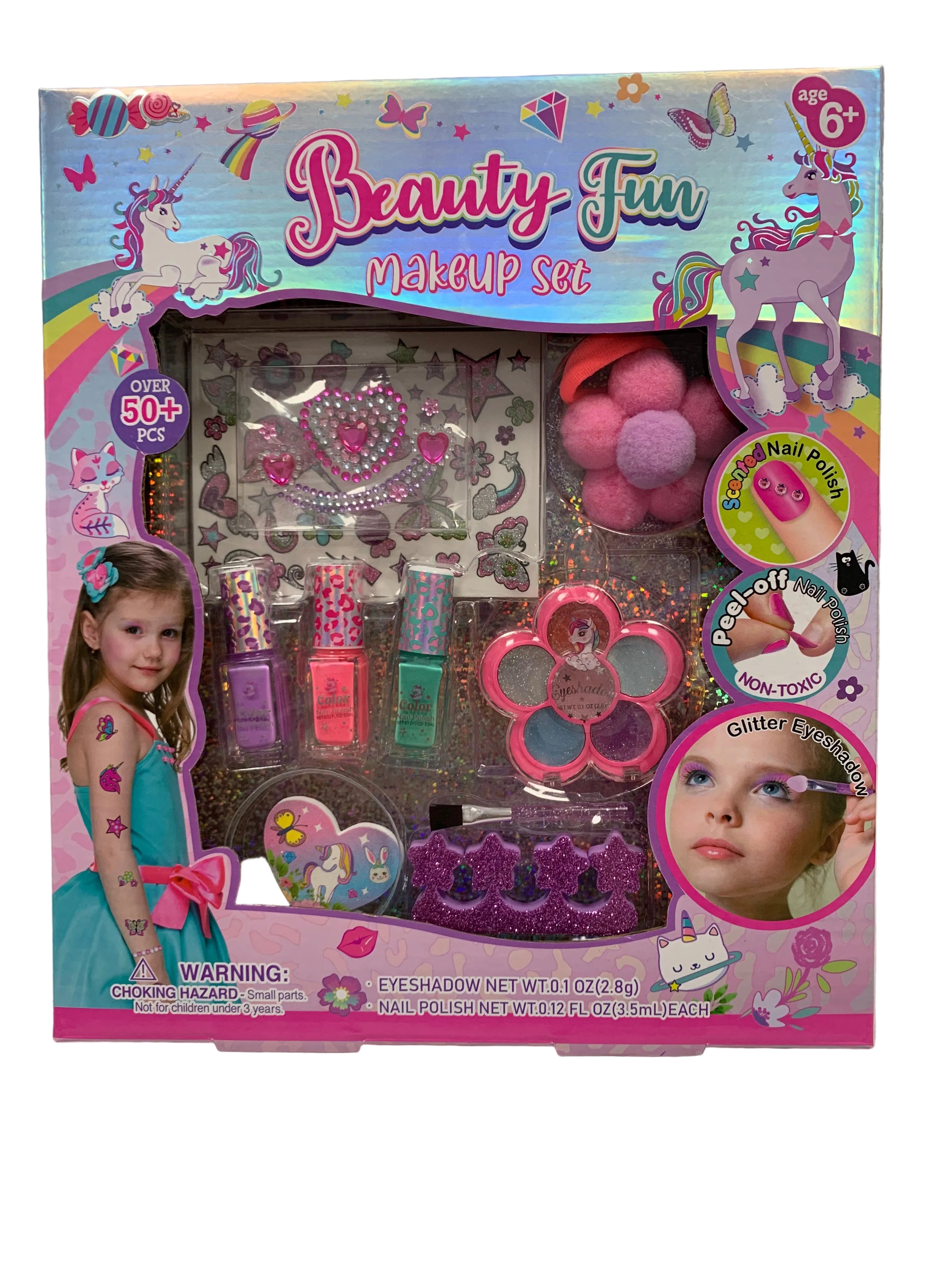Beauty Fun Makeup Set by PECOWARE with colorful eyeshadows, blush, and brushes arranged on a white background. Main image