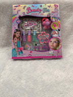 PECOWARE BEAUTY FUN makeup set with colorful eyeshadows, blush, and brushes arranged on a white background.