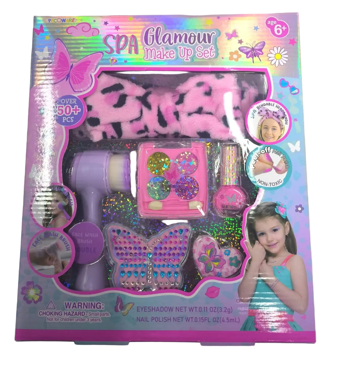 Pecoware Glamour Makeup Set with eyeshadows, blushes, and brushes in a sleek compact case, ideal for versatile beauty looks.