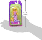 Mattel Disney Princess Rapunzel 4-inch mini doll with long blonde hair and detailed princess costume, suitable for children’s toys.