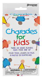 Pressman Charades for Kids game with colorful cards and game pieces for children, designed for fun and family entertainment.