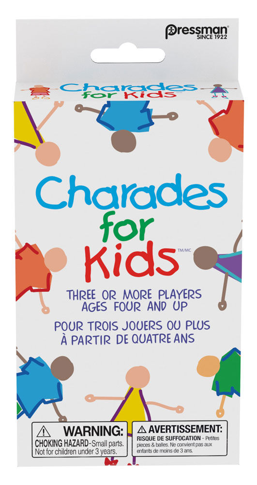 Pressman Charades for Kids game with colorful cards and game pieces for children, designed for fun and family entertainment.