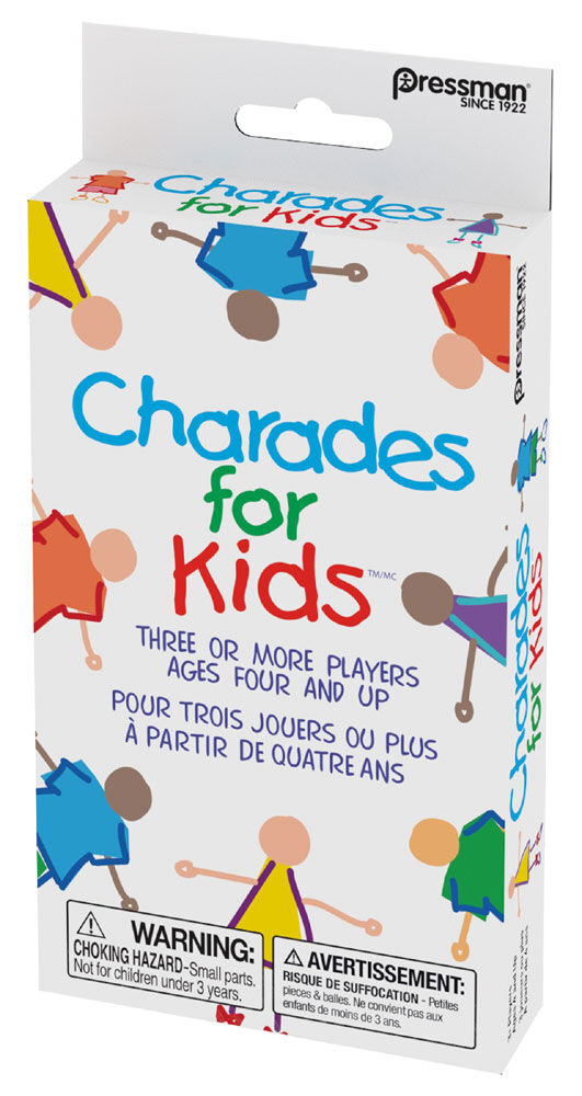 Pressman Charades for Kids pegable game with colorful cards and game pieces for fun family or children's acting game.