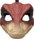 Kids wearing Jurassic World Velociraptor face helmet, featuring detailed dinosaur design for imaginative play.