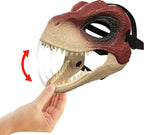 Kids wearing Jurassic World Velociraptor face helmet, featuring detailed dinosaur design for imaginative play.
