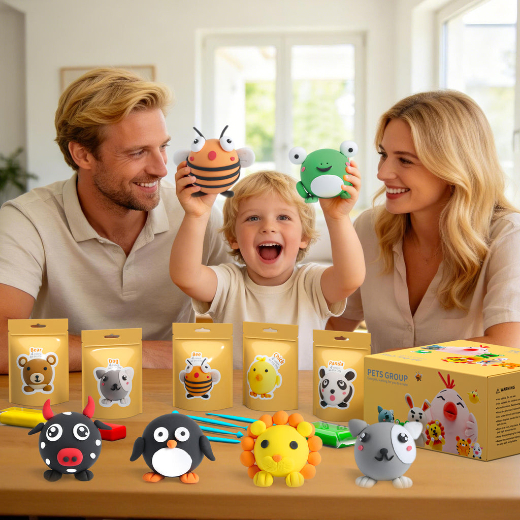 Playzokids air dry clay for kids, pet-themed 12-piece pack with tools, suitable for creative arts and crafts projects.
