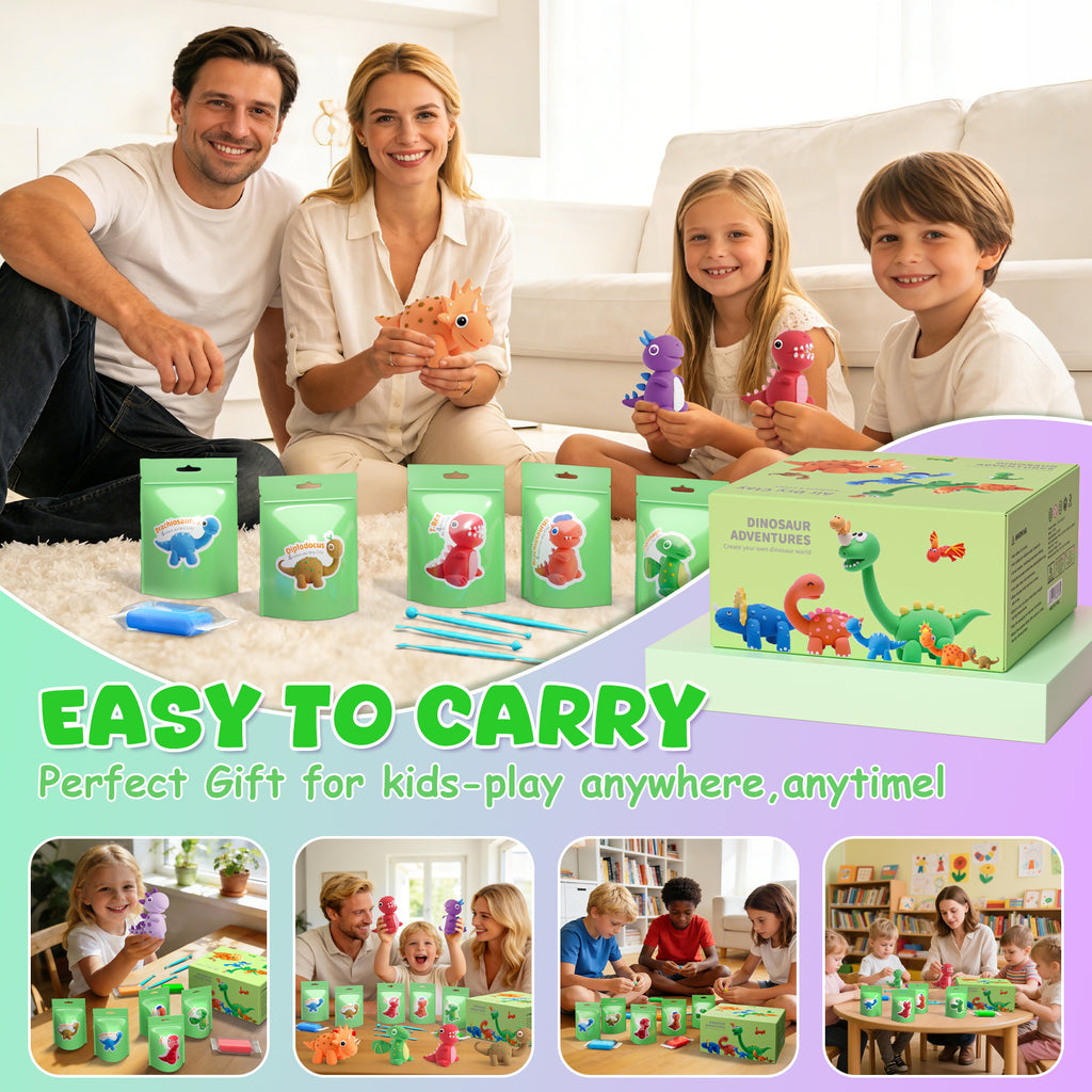 Playzokids air dry clay set with 12 dinosaur-themed clay pieces and sculpting tools for kids' creative play and crafting.