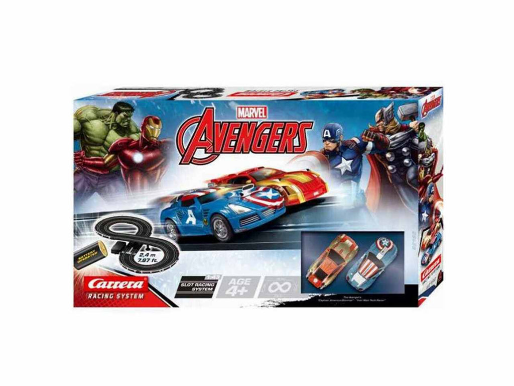 Carrera GO! Avengers slot car race set with Avengers-themed track and cars, detailed and vibrant for kids' racing fun