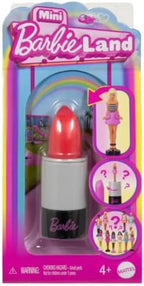 Mini Barbie dolls by Mattel, 1.5-inch figures in a lipstick tube, featuring colorful outfits and detailed doll accessories.